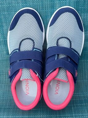NEW  Vionic Brisk Ema Athletic Shoes Sz 7.5 Blue Pink Adjustable Strap Sneaker